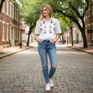 At Last New York Womens Large White Embroidered Cowboy Boot Button Up Shirt‎ L